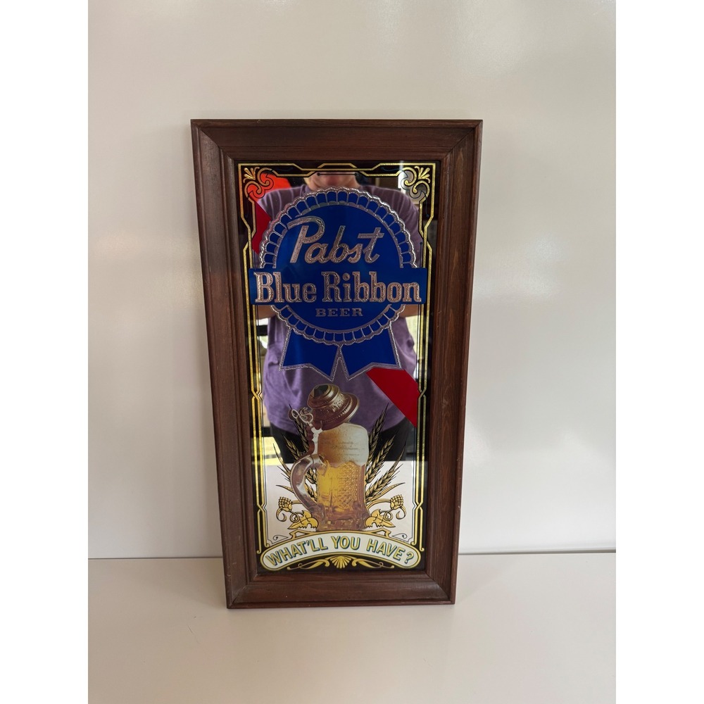 Vintage Pabst Blue Ribbon Beer Bar Mirror What'll You Have Wood Frame 21.5x11.5